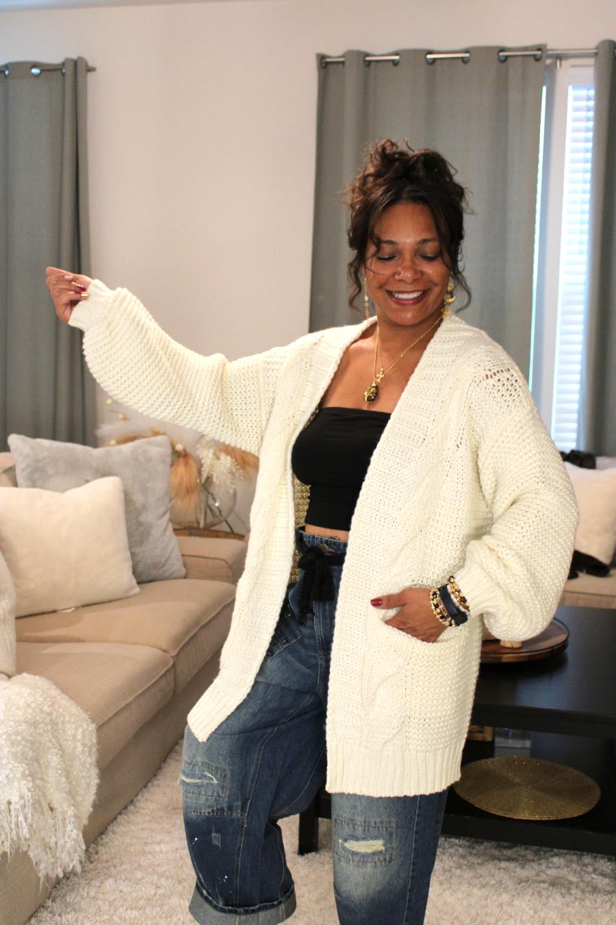 Cable Lantern Sleeve Cardigan