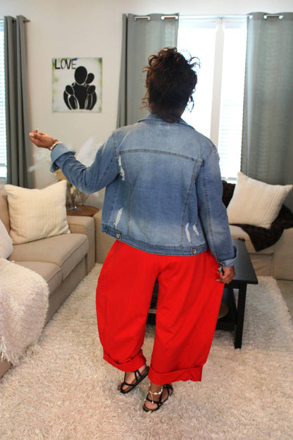 Cherry Red Cotton French Terry Barrel Pants