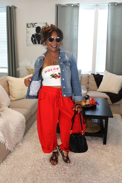 Cherry Red Cotton French Terry Barrel Pants