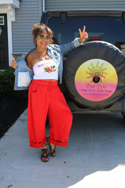 Cherry Red Cotton French Terry Barrel Pants