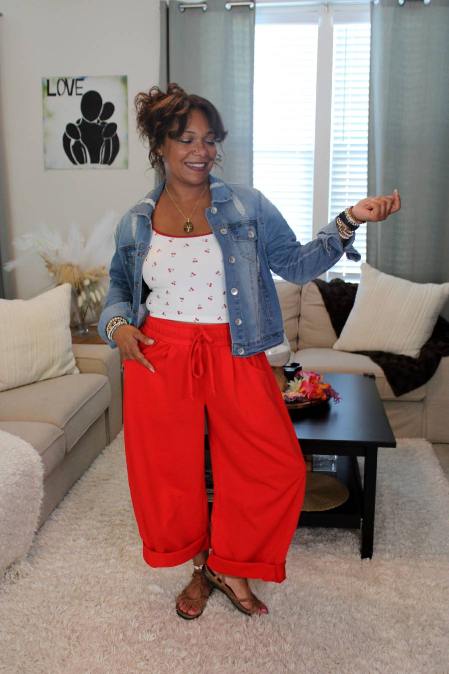 Cherry Red Cotton French Terry Barrel Pants