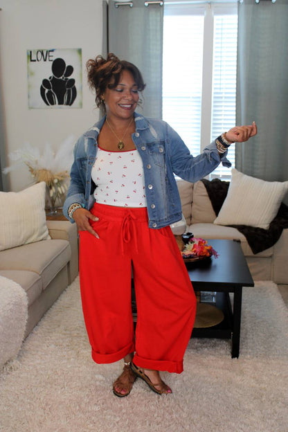 Cherry Red Cotton French Terry Barrel Pants