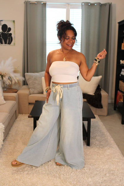 Denim Drawstring Wide Leg Pants