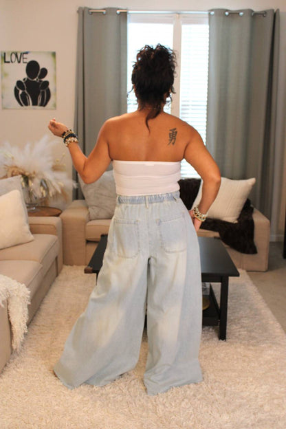 Denim Drawstring Wide Leg Pants