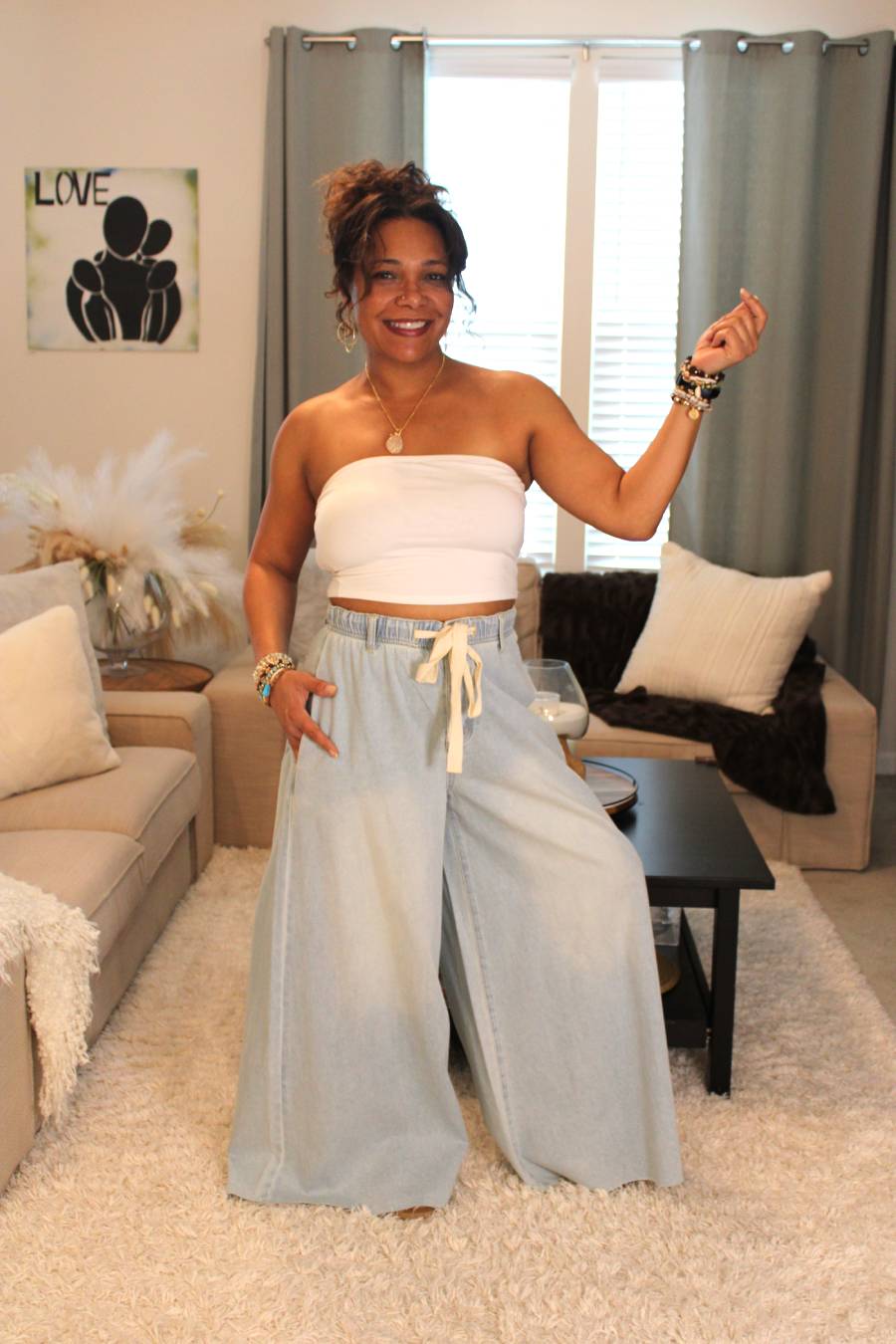 Denim Drawstring Wide Leg Pants