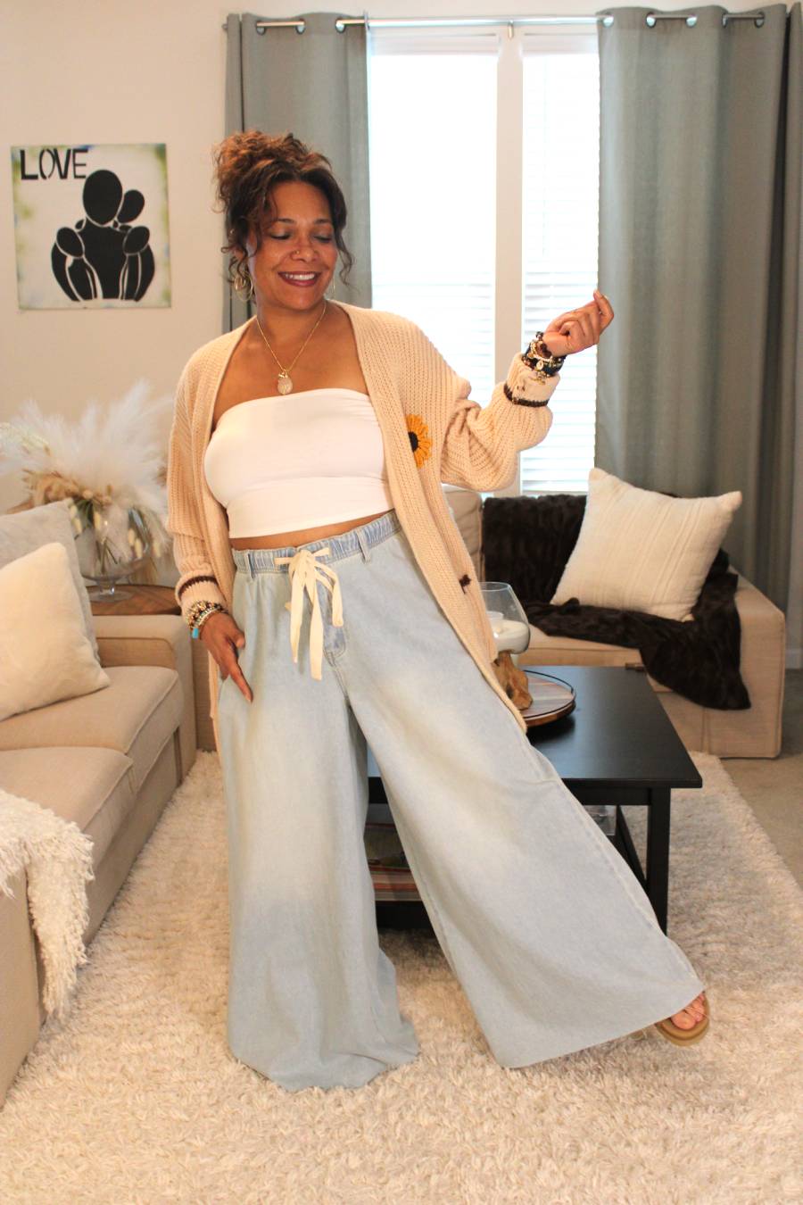 Denim Drawstring Wide Leg Pants