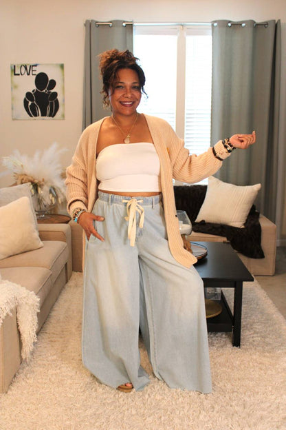 Denim Drawstring Wide Leg Pants
