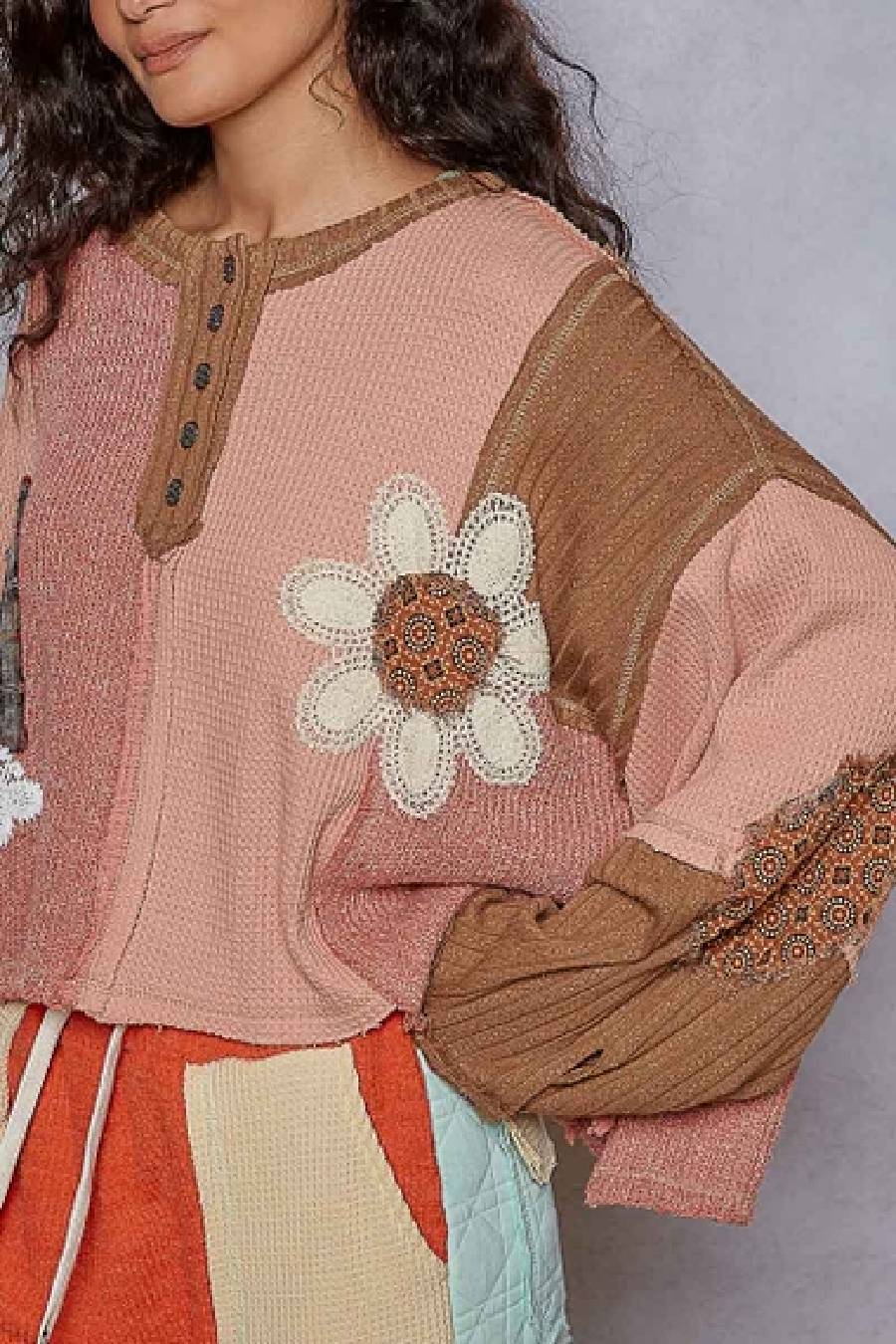 POL Feeling Patchy Oversized Pullover Top