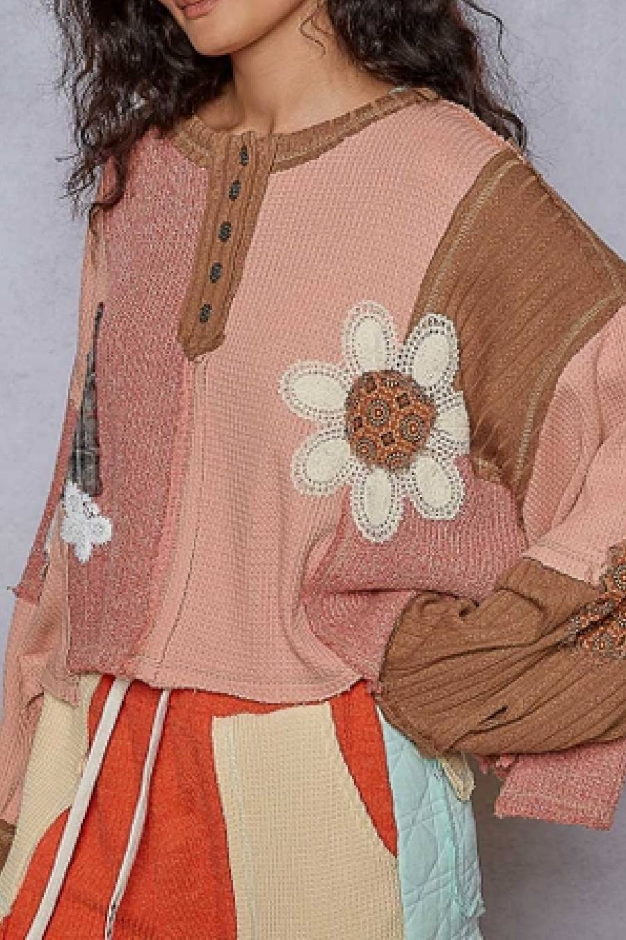 POL Feeling Patchy Oversized Pullover Top