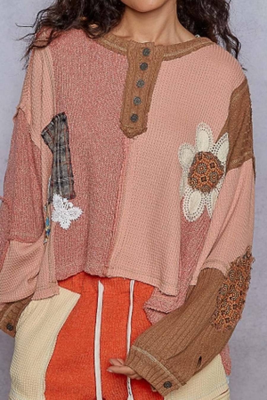 POL Feeling Patchy Oversized Pullover Top