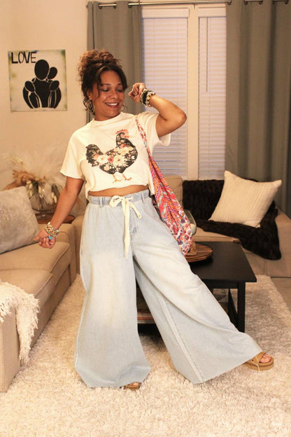Denim Drawstring Wide Leg Pants