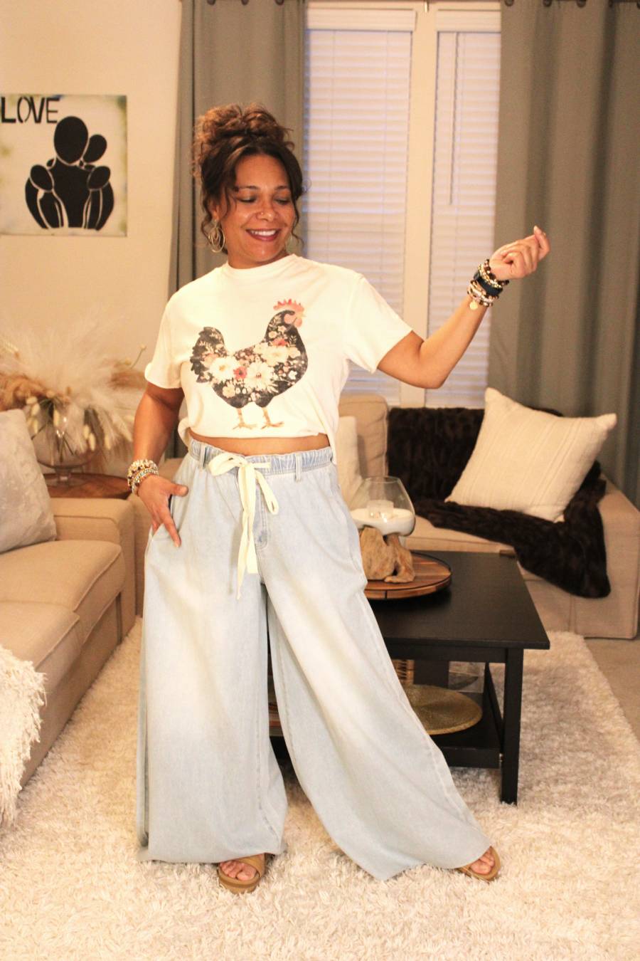 Denim Drawstring Wide Leg Pants