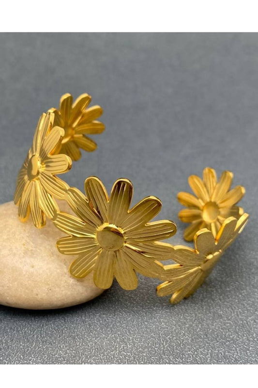Golden Daisy Charm Floral Cuff Bangle
