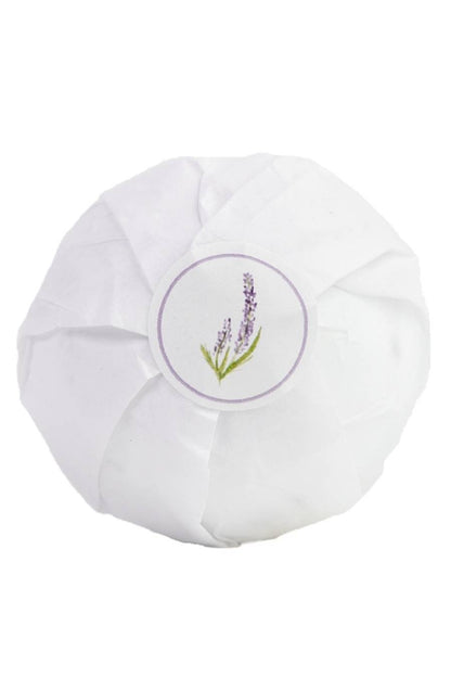 White bath bomb with a lavender flower on the front.