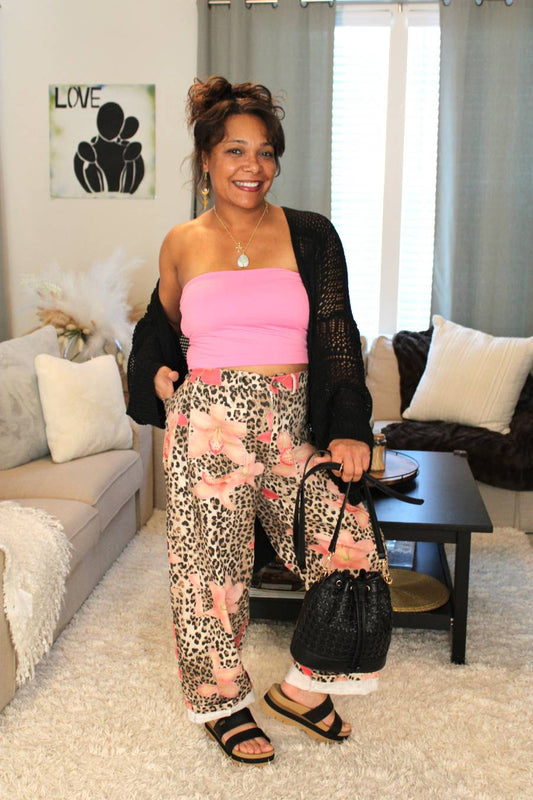Leopard Floral Print Wide Leg Pants