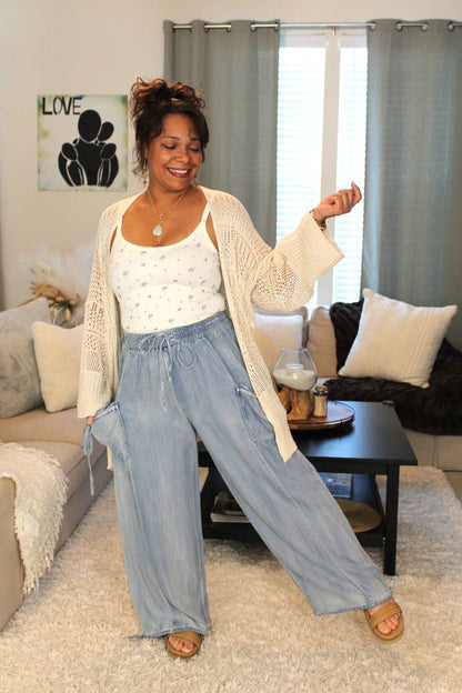 Light Denim Chambray Cute Pocket Convertible Pants