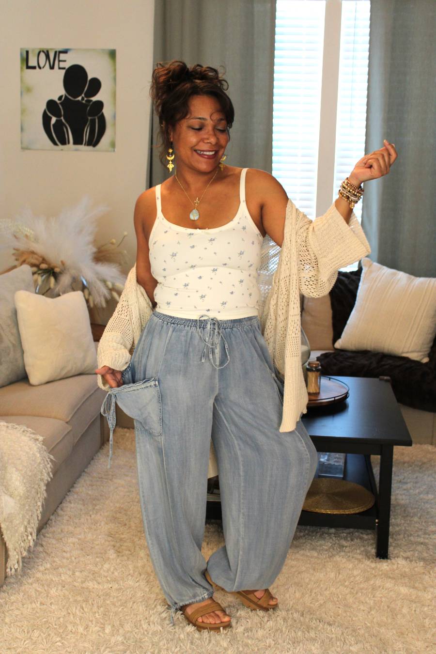 Light Denim Chambray Cute Pocket Convertible Pants