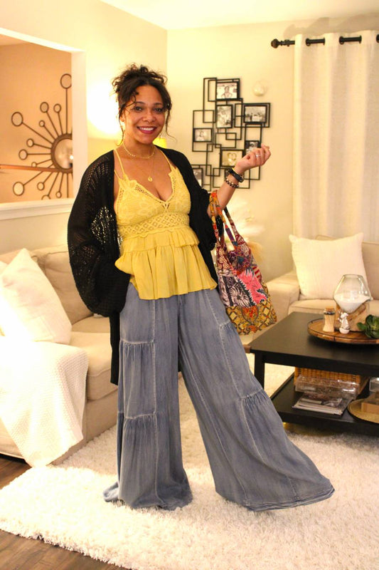 Tencel Ruffled Side Denim Wide Pants