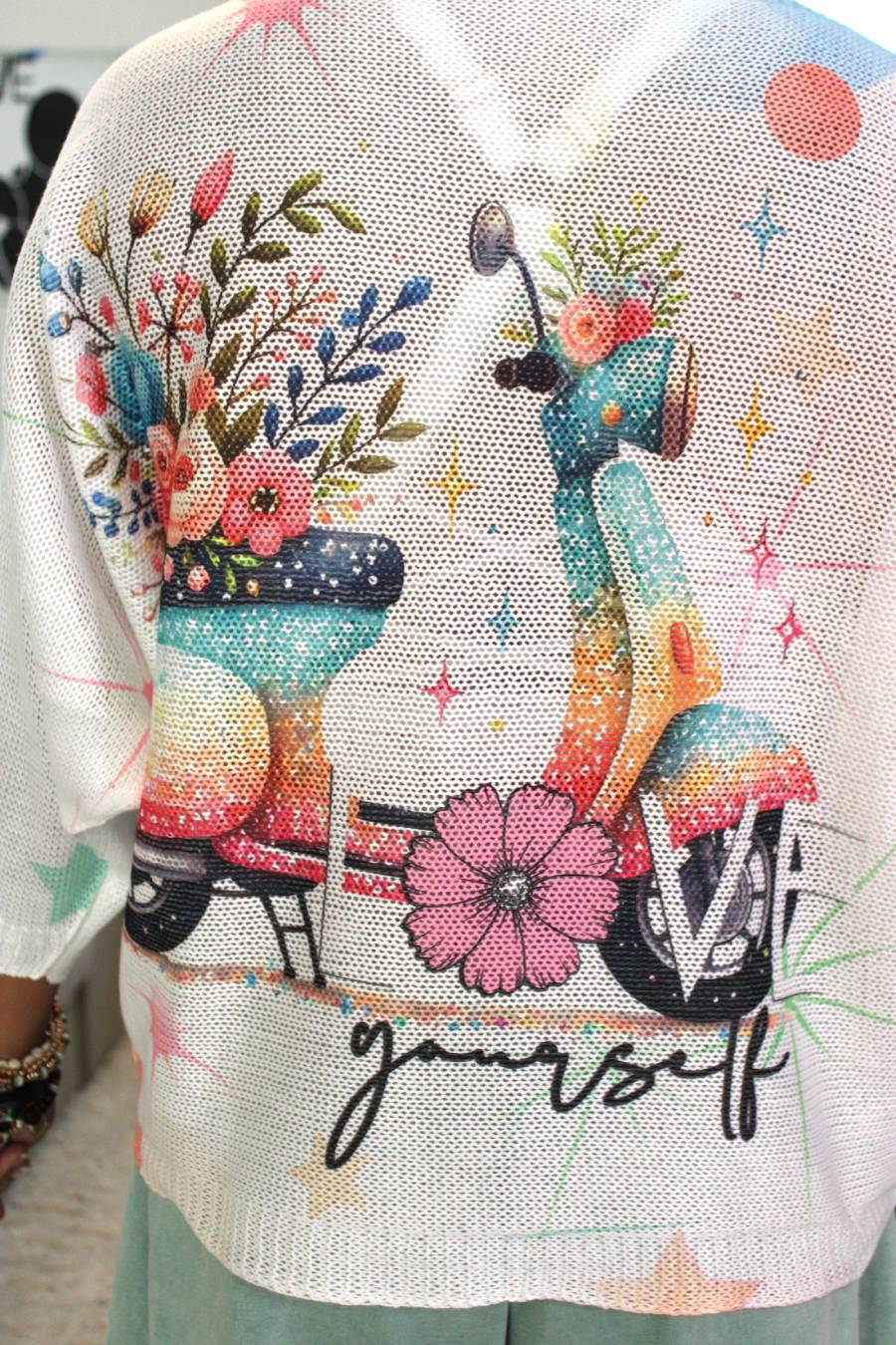 Love Yourself Flower Power Scooter Printed Knit Sweater
