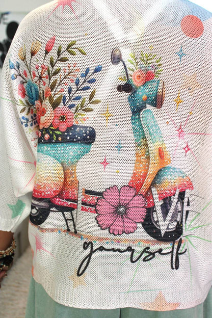 Love Yourself Flower Power Scooter Printed Knit Sweater