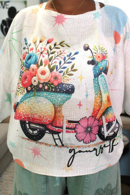Love Yourself Flower Power Scooter Printed Knit Sweater