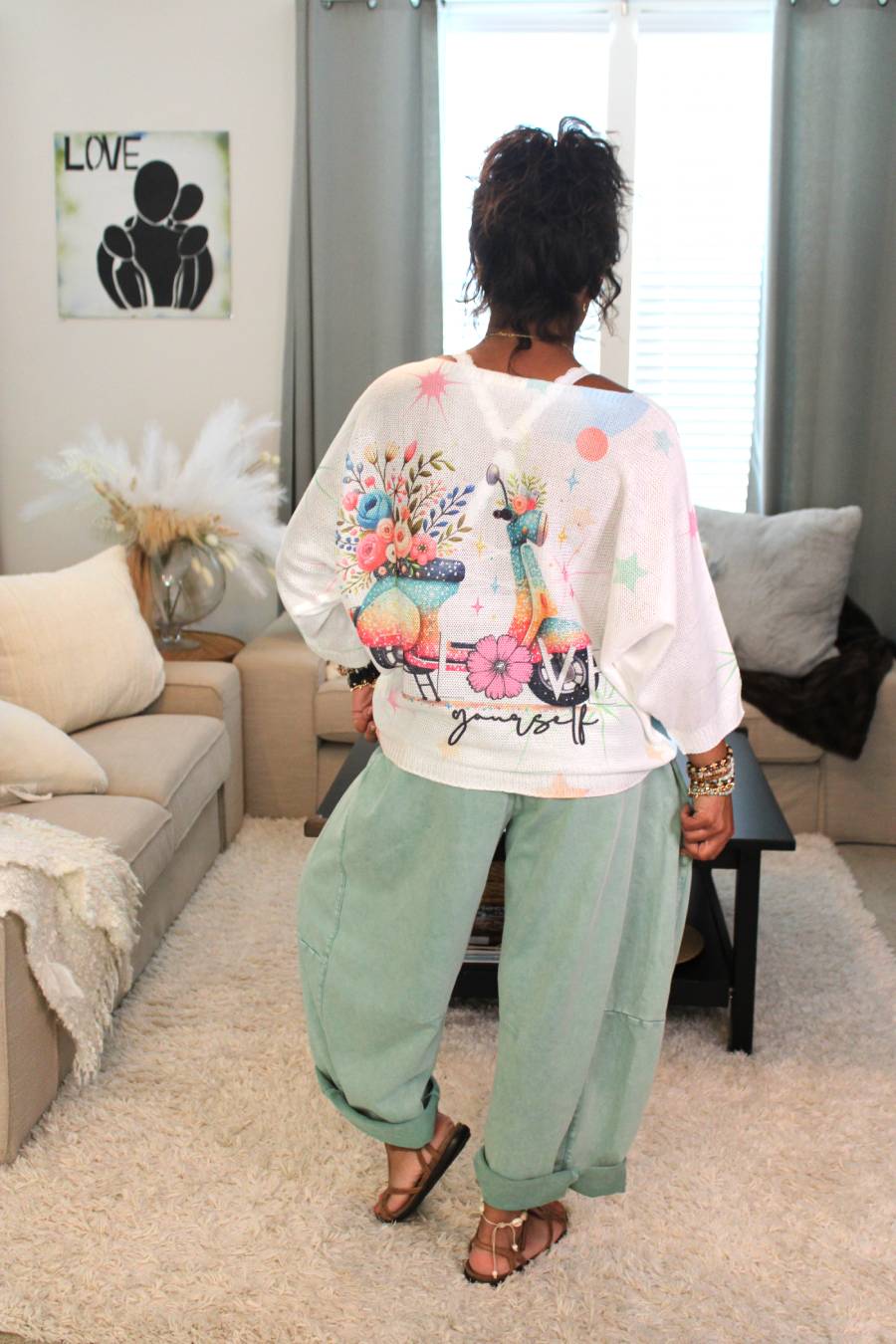 Love Yourself Flower Power Scooter Printed Knit Sweater