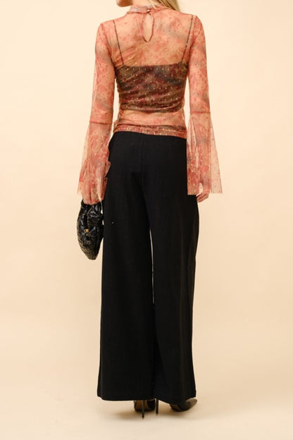 Mesh Bell Sleeve Mock Neck Top