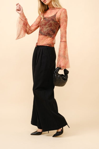 Mesh Bell Sleeve Mock Neck Top