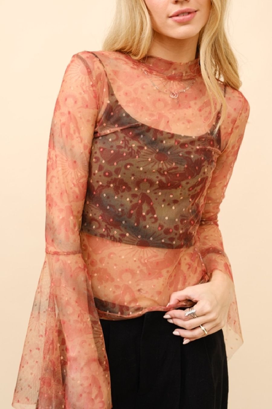 Mesh Bell Sleeve Mock Neck Top