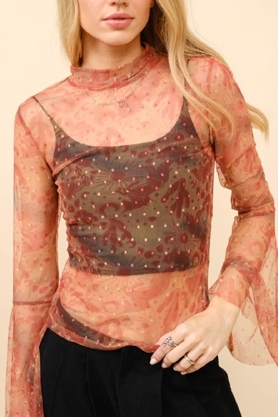 Mesh Bell Sleeve Mock Neck Top