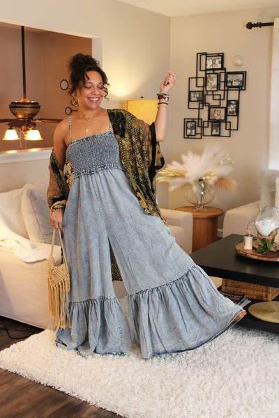 O&H Wind Song Light Denim Mineral Washed Smocked Ruffle Wide