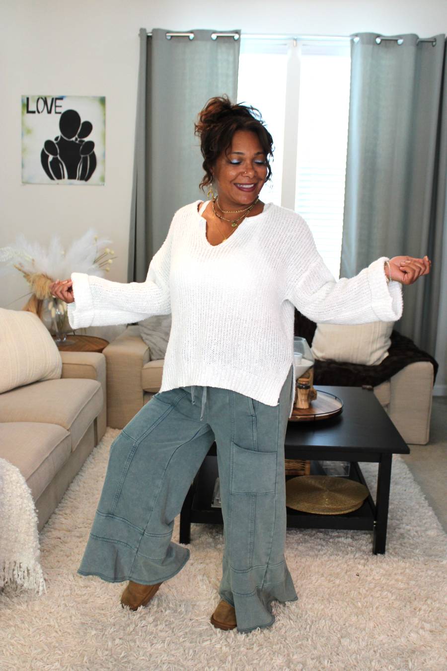 Misty Blue French Terry Wide Leg Pants