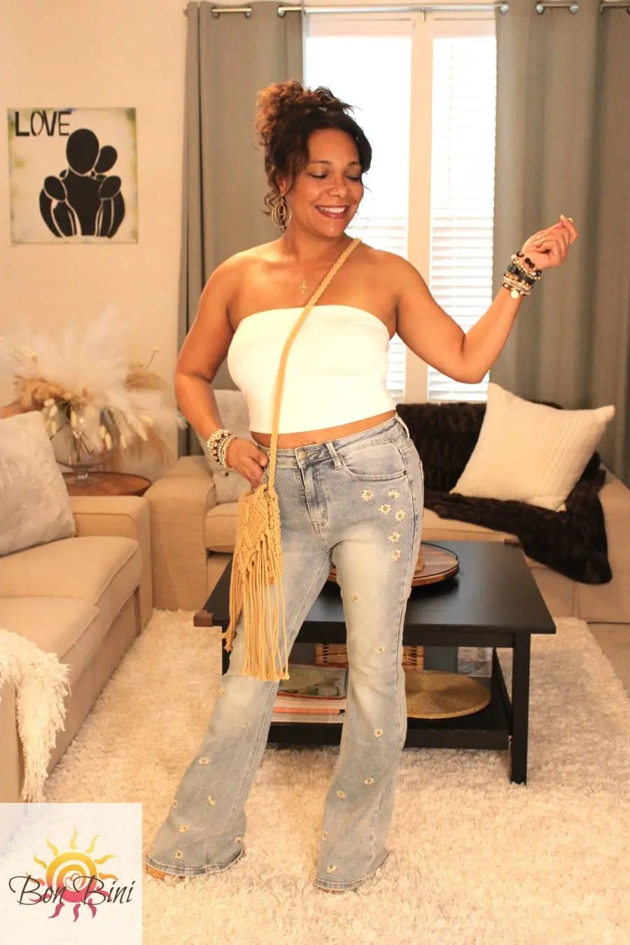 O&H Whimsical Daises Embroidered Flare Jeans