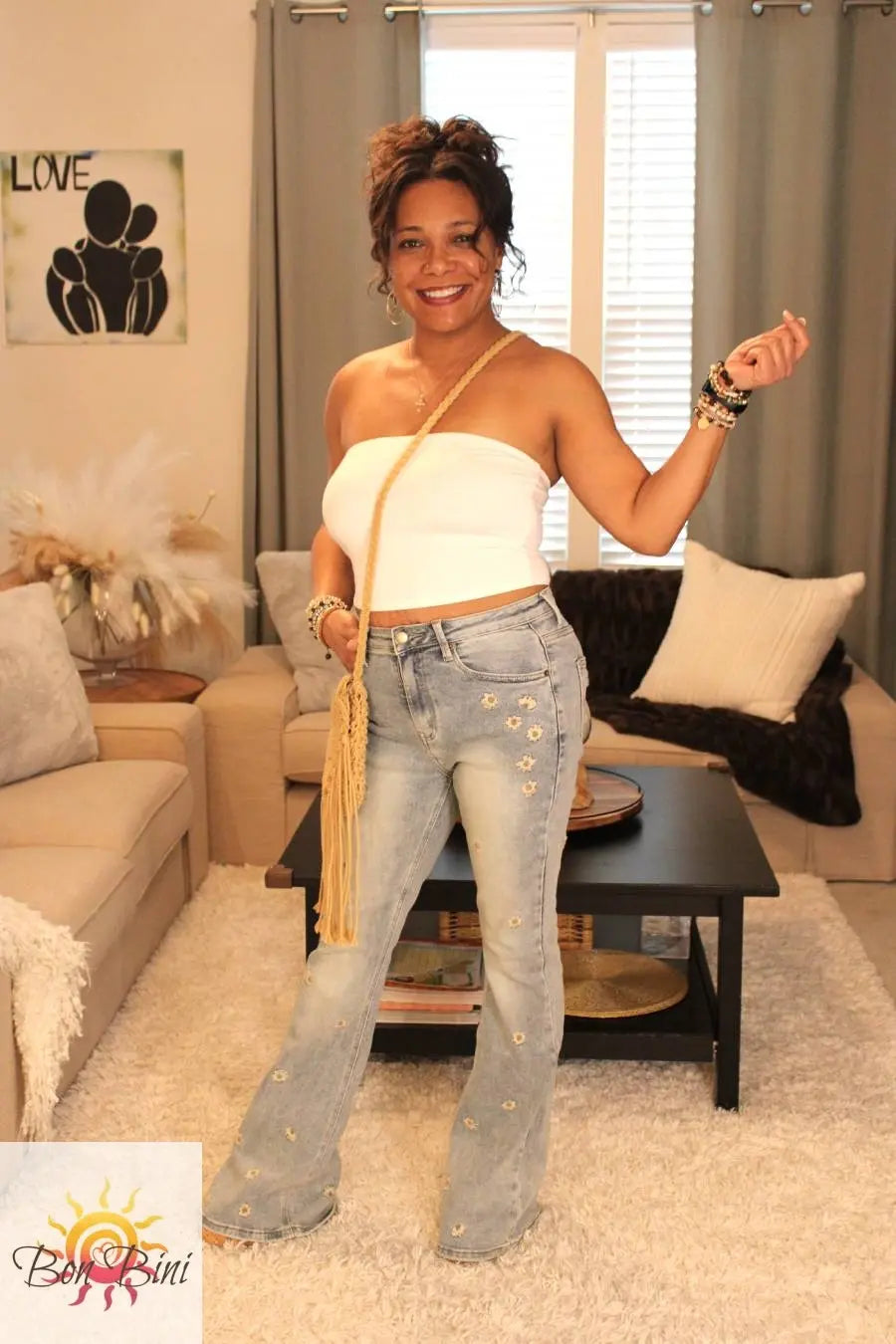 O&H Whimsical Daises Embroidered Flare Jeans