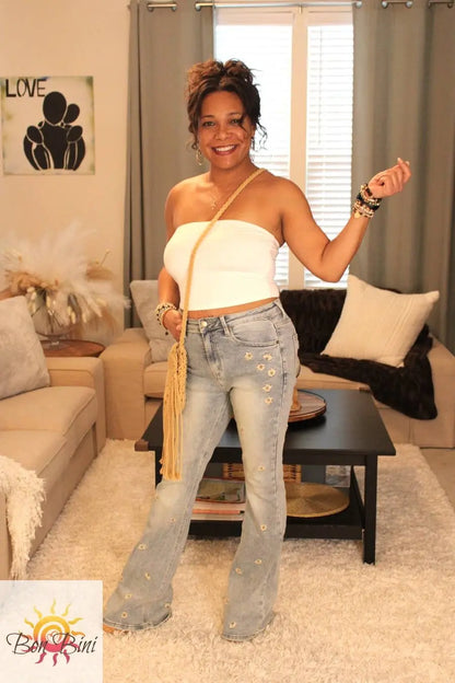 O&H Whimsical Daises Embroidered Flare Jeans