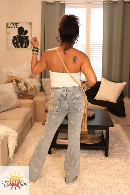 O&H Whimsical Daises Embroidered Flare Jeans