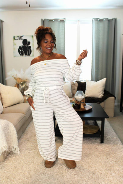 Off The Shoulder Striped Terry Jumpsuit