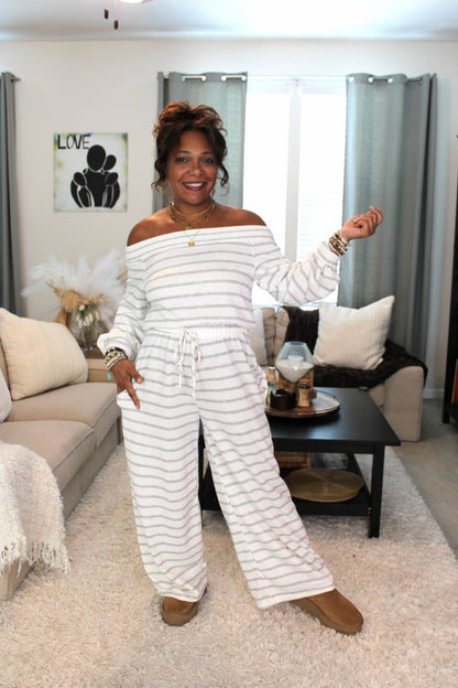 Off The Shoulder Striped Terry Jumpsuit
