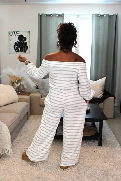 Off The Shoulder Striped Terry Jumpsuit