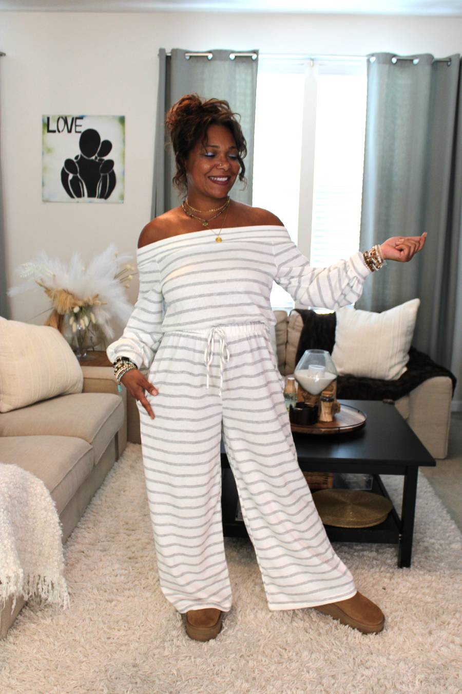 Off The Shoulder Striped Terry Jumpsuit