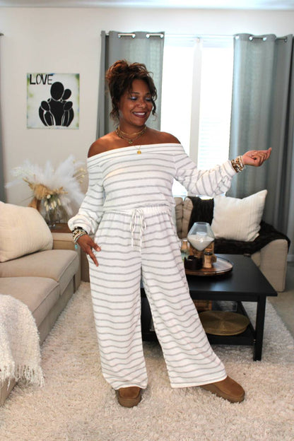 Off The Shoulder Striped Terry Jumpsuit