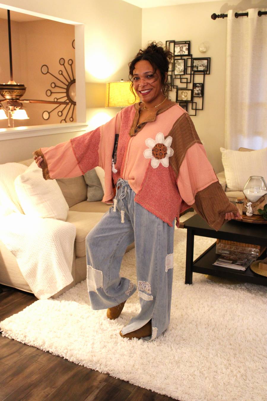 POL Feeling Patchy Oversized Pullover Top