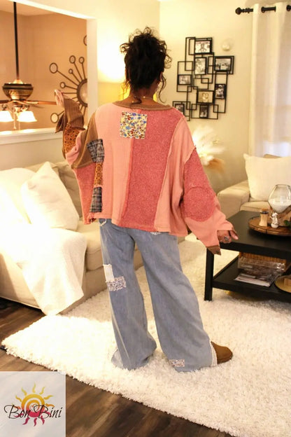 POL Feeling Patchy Oversized Pullover Top