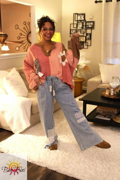 POL Feeling Patchy Oversized Pullover Top