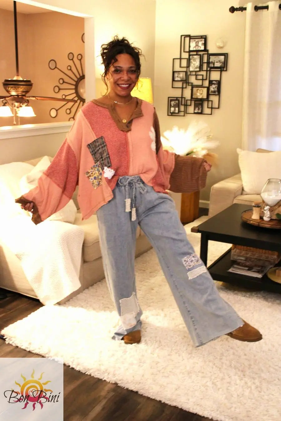 POL Feeling Patchy Oversized Pullover Top