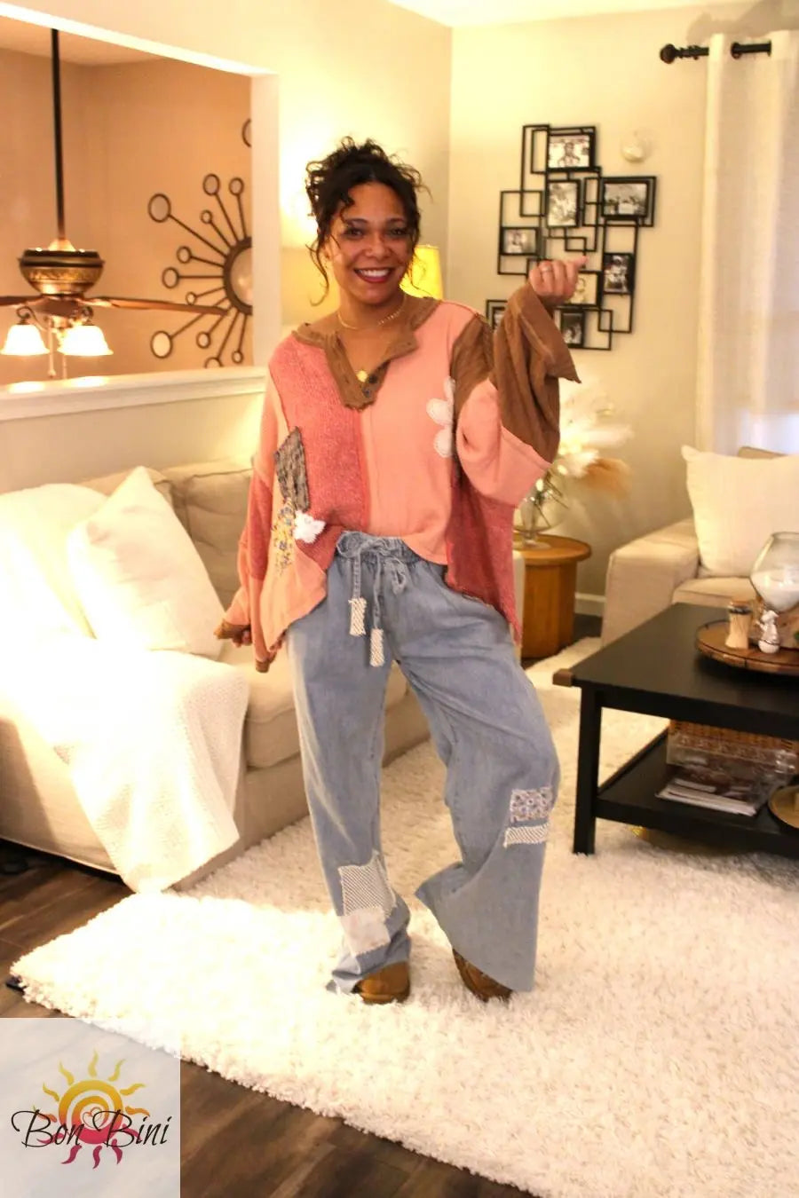 POL Feeling Patchy Oversized Pullover Top