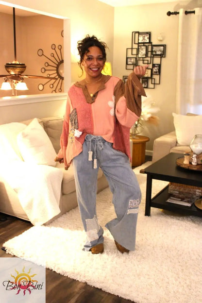 POL Feeling Patchy Oversized Pullover Top