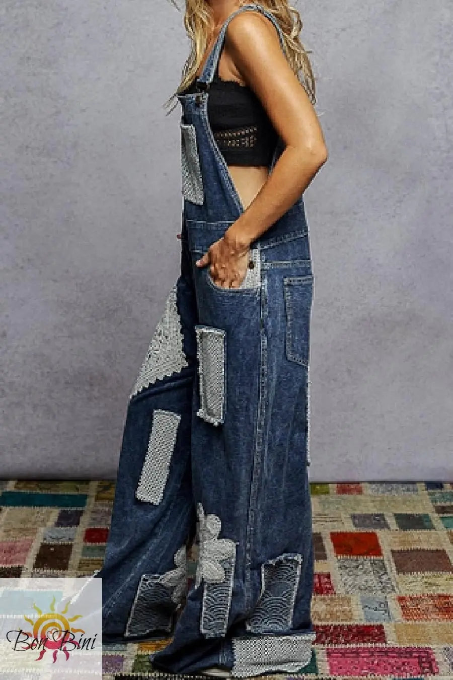 POL Indigo Crochet Patch Overalls