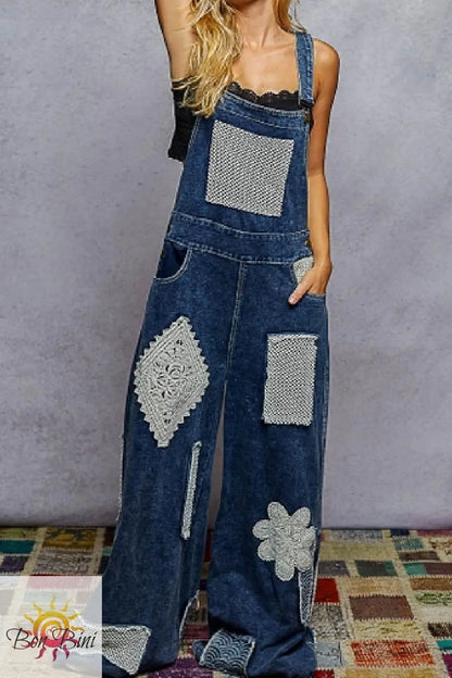 POL Indigo Crochet Patch Overalls