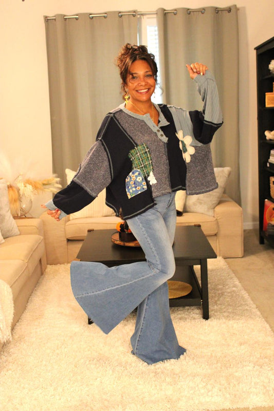 POL Indigo Feeling Patchy Oversized Pullover Top